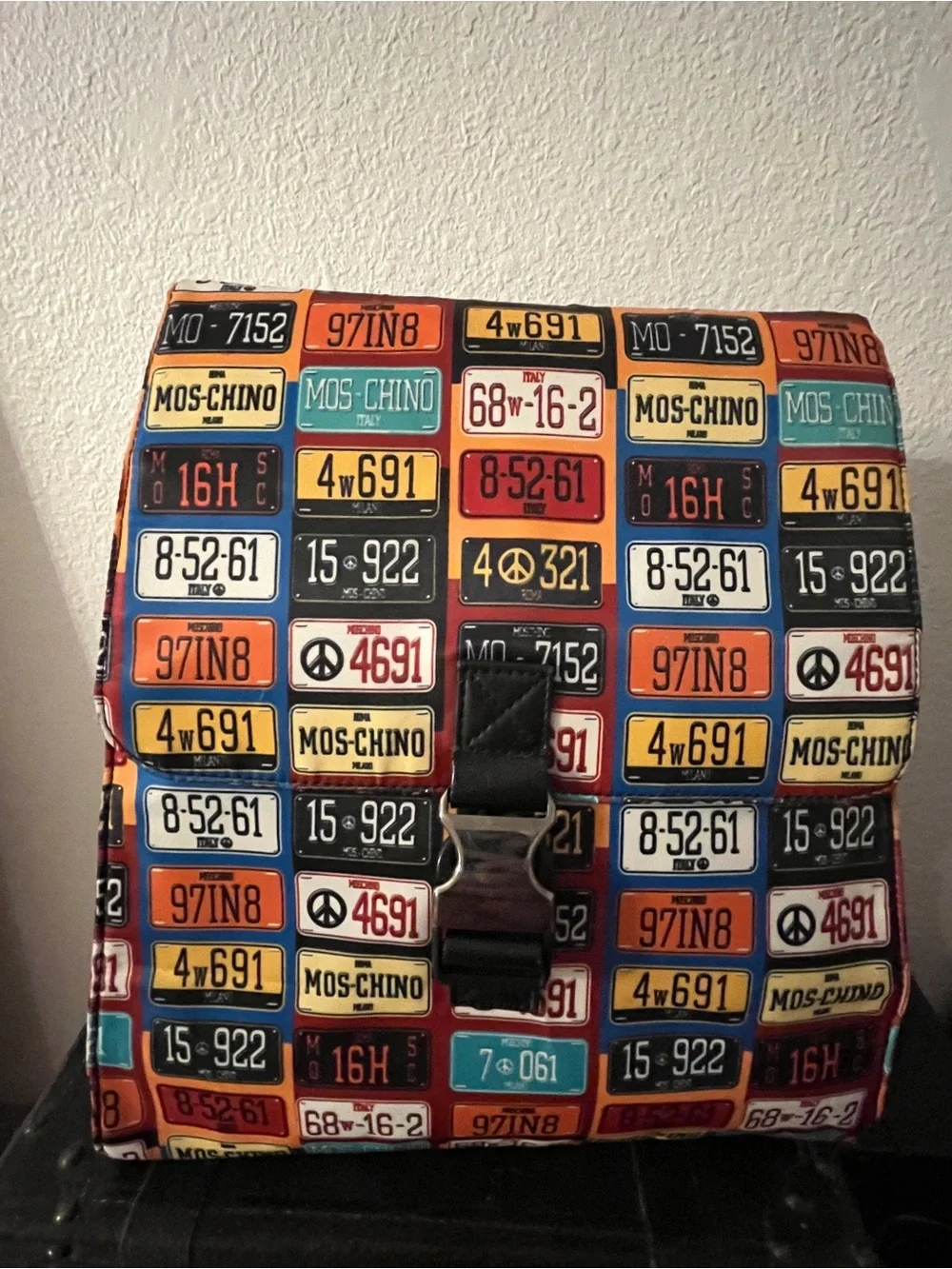 Moschino Multicolor License Plate Print Backpack in Orange, Blue, Yellow, Red